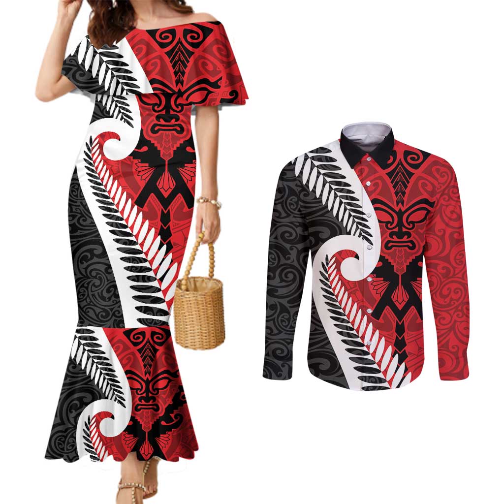 Silver Fern Koru Swirls with Maori Ta Moko Couples Matching Mermaid Dress and Long Sleeve Button Shirt LT9 Red - Polynesian Pride