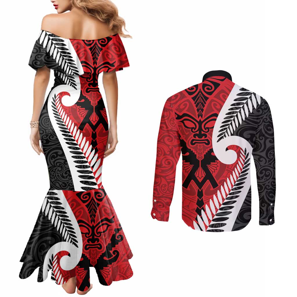 Silver Fern Koru Swirls with Maori Ta Moko Couples Matching Mermaid Dress and Long Sleeve Button Shirt LT9 - Polynesian Pride