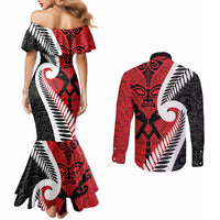 Silver Fern Koru Swirls with Maori Ta Moko Couples Matching Mermaid Dress and Long Sleeve Button Shirt LT9 - Polynesian Pride
