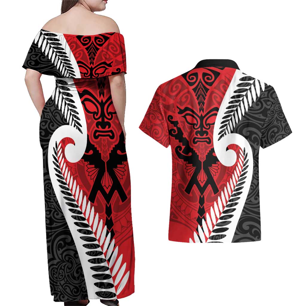 Silver Fern Koru Swirls with Maori Ta Moko Couples Matching Off Shoulder Maxi Dress and Hawaiian Shirt LT9 - Polynesian Pride