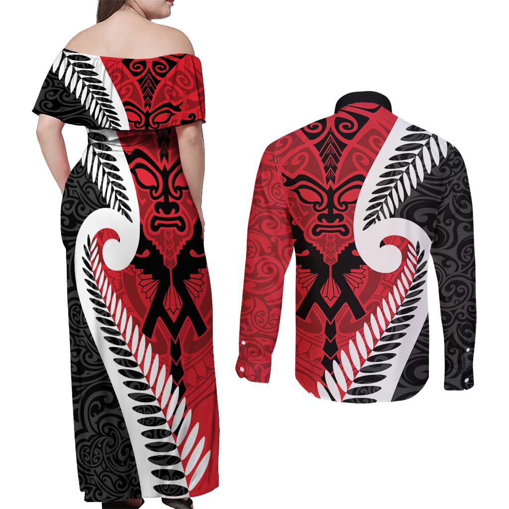 Silver Fern Koru Swirls with Maori Ta Moko Couples Matching Off Shoulder Maxi Dress and Long Sleeve Button Shirt LT9 - Polynesian Pride