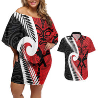 Silver Fern Koru Swirls with Maori Ta Moko Couples Matching Off Shoulder Short Dress and Hawaiian Shirt LT9 Red - Polynesian Pride