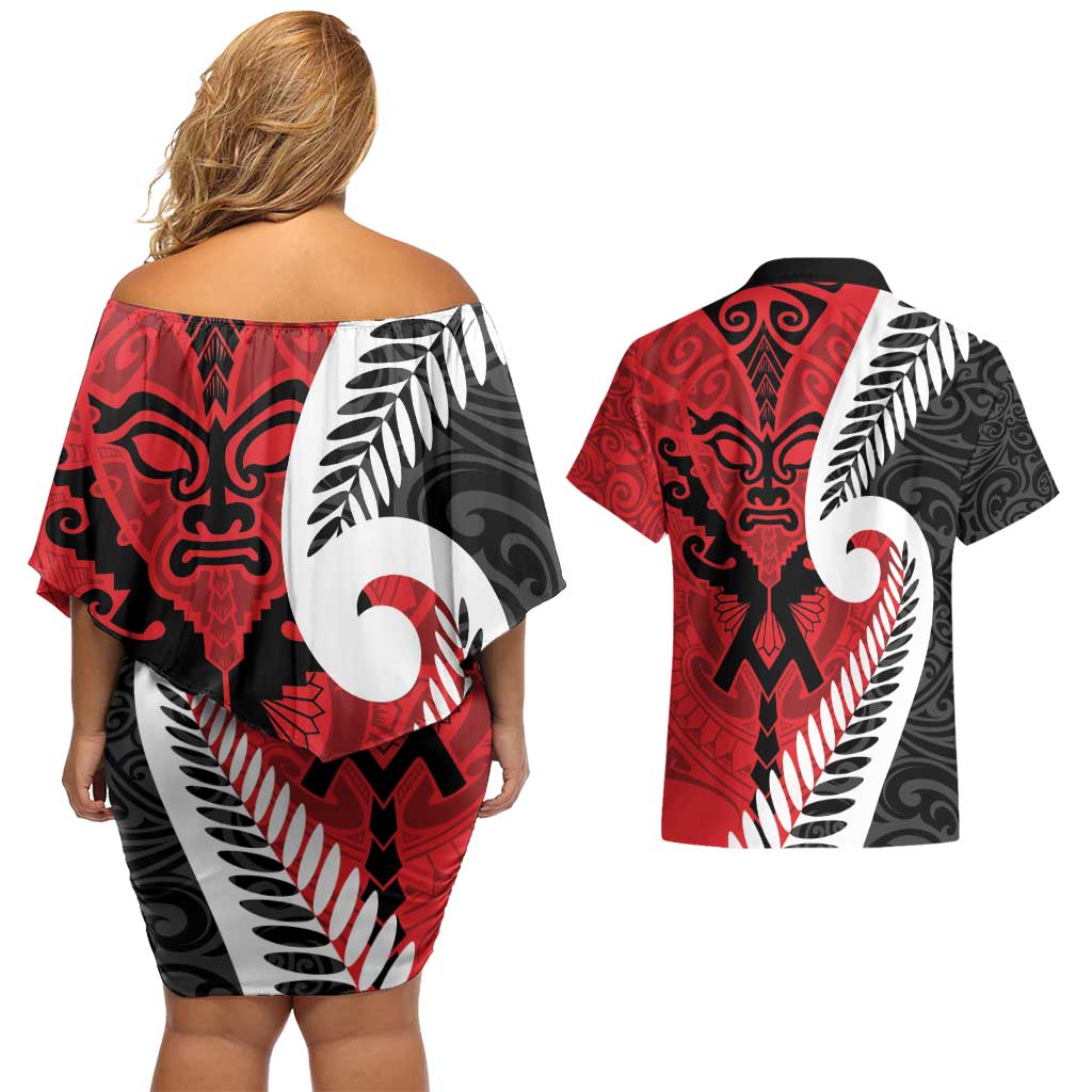 Silver Fern Koru Swirls with Maori Ta Moko Couples Matching Off Shoulder Short Dress and Hawaiian Shirt LT9 - Polynesian Pride