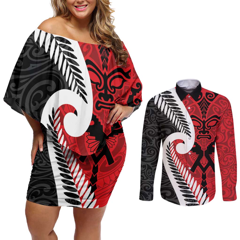 Silver Fern Koru Swirls with Maori Ta Moko Couples Matching Off Shoulder Short Dress and Long Sleeve Button Shirt LT9 Red - Polynesian Pride