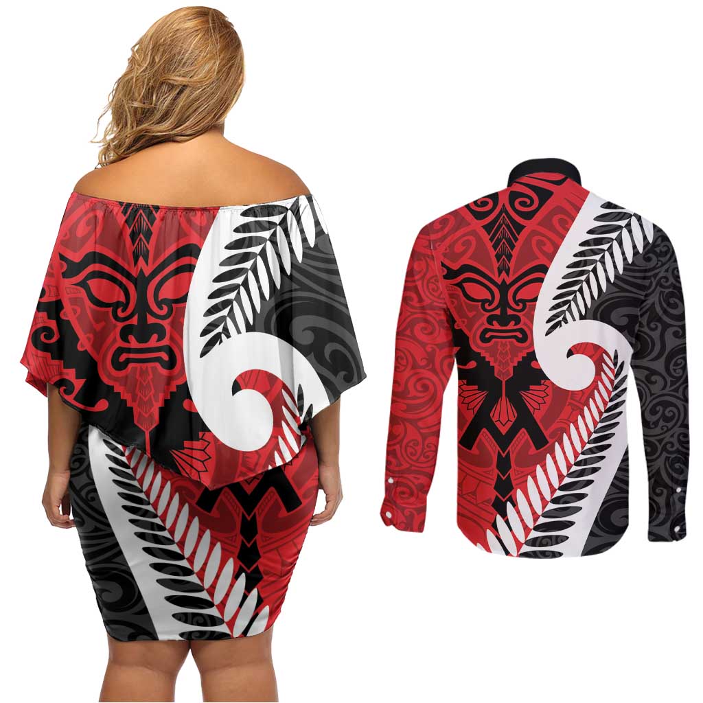 Silver Fern Koru Swirls with Maori Ta Moko Couples Matching Off Shoulder Short Dress and Long Sleeve Button Shirt LT9 - Polynesian Pride