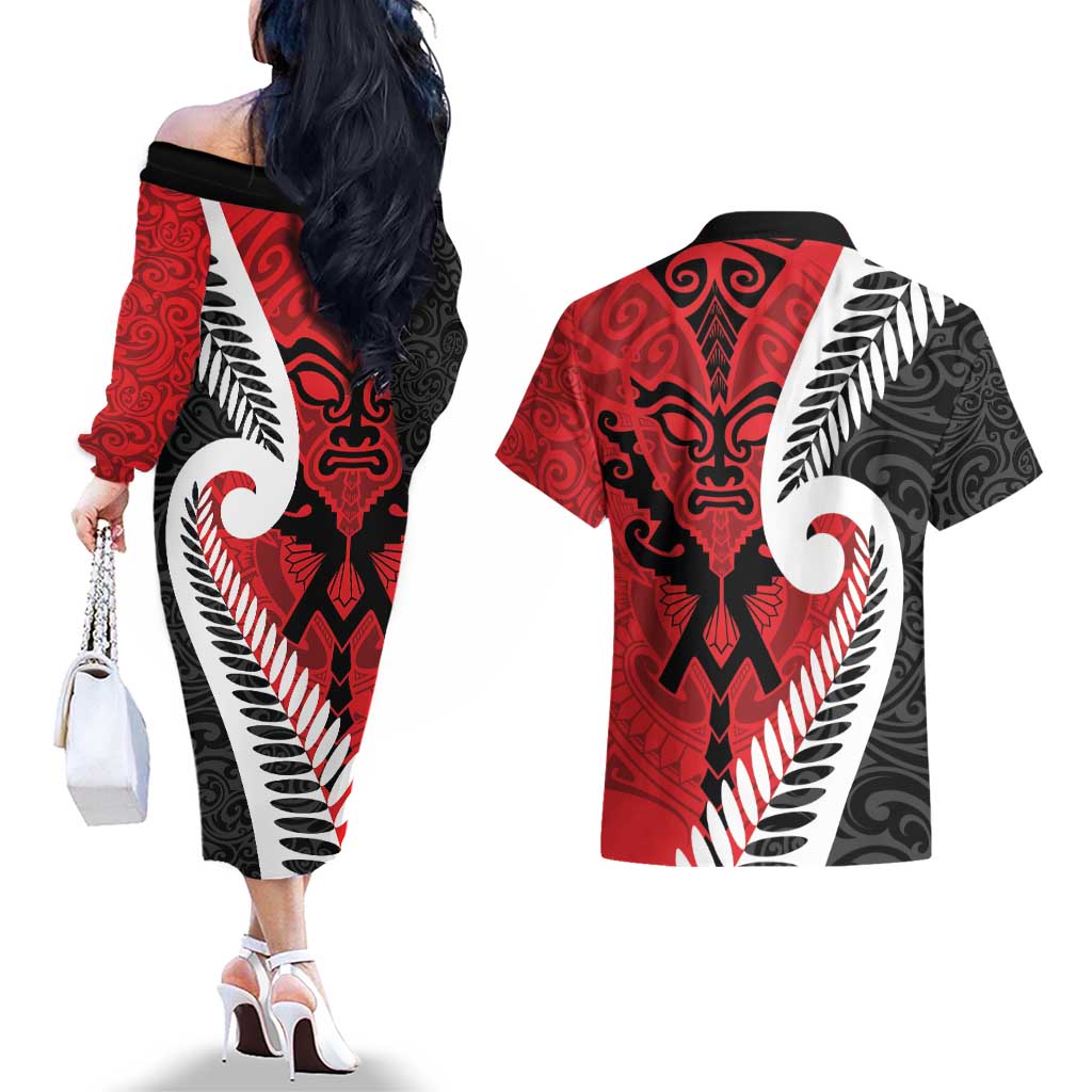 Silver Fern Koru Swirls with Maori Ta Moko Couples Matching Off The Shoulder Long Sleeve Dress and Hawaiian Shirt LT9 - Polynesian Pride