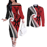Silver Fern Koru Swirls with Maori Ta Moko Couples Matching Off The Shoulder Long Sleeve Dress and Long Sleeve Button Shirt LT9 Red - Polynesian Pride