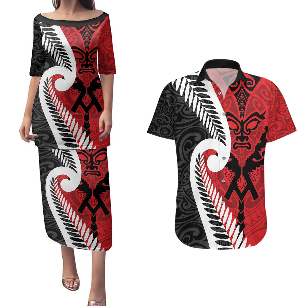 Silver Fern Koru Swirls with Maori Ta Moko Couples Matching Puletasi and Hawaiian Shirt LT9 Red - Polynesian Pride
