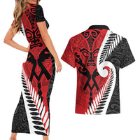Silver Fern Koru Swirls with Maori Ta Moko Couples Matching Short Sleeve Bodycon Dress and Hawaiian Shirt LT9 - Polynesian Pride