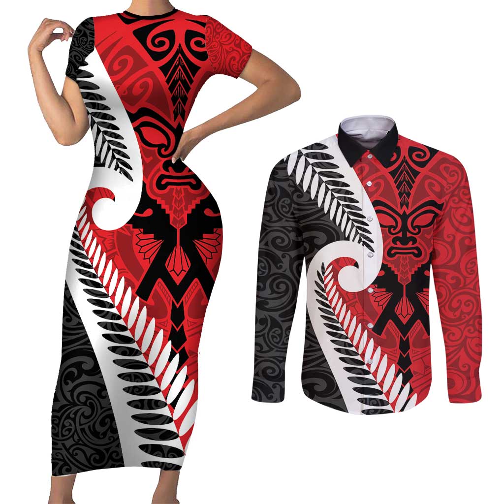 Silver Fern Koru Swirls with Maori Ta Moko Couples Matching Short Sleeve Bodycon Dress and Long Sleeve Button Shirt LT9 Red - Polynesian Pride