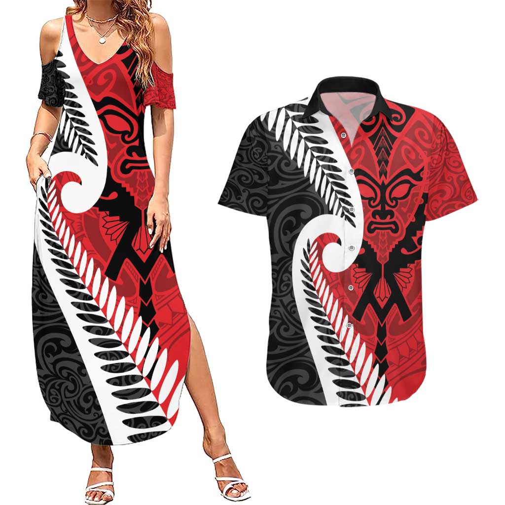Silver Fern Koru Swirls with Maori Ta Moko Couples Matching Summer Maxi Dress and Hawaiian Shirt LT9 Red - Polynesian Pride