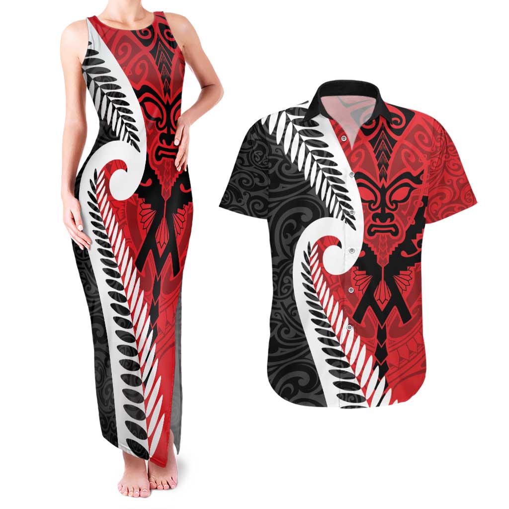 Silver Fern Koru Swirls with Maori Ta Moko Couples Matching Tank Maxi Dress and Hawaiian Shirt LT9 Red - Polynesian Pride