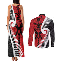 Silver Fern Koru Swirls with Maori Ta Moko Couples Matching Tank Maxi Dress and Long Sleeve Button Shirt LT9 - Polynesian Pride
