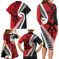 Silver Fern Koru Swirls with Maori Ta Moko Family Matching Long Sleeve Bodycon Dress and Hawaiian Shirt LT9 - Polynesian Pride