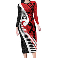 Silver Fern Koru Swirls with Maori Ta Moko Family Matching Long Sleeve Bodycon Dress and Hawaiian Shirt LT9 Mom's Dress Red - Polynesian Pride