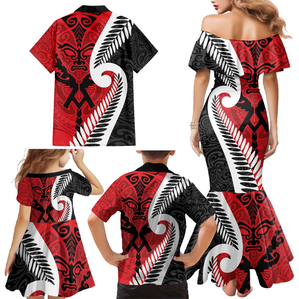 Silver Fern Koru Swirls with Maori Ta Moko Family Matching Mermaid Dress and Hawaiian Shirt LT9 - Polynesian Pride