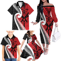 Silver Fern Koru Swirls with Maori Ta Moko Family Matching Off The Shoulder Long Sleeve Dress and Hawaiian Shirt LT9 - Polynesian Pride