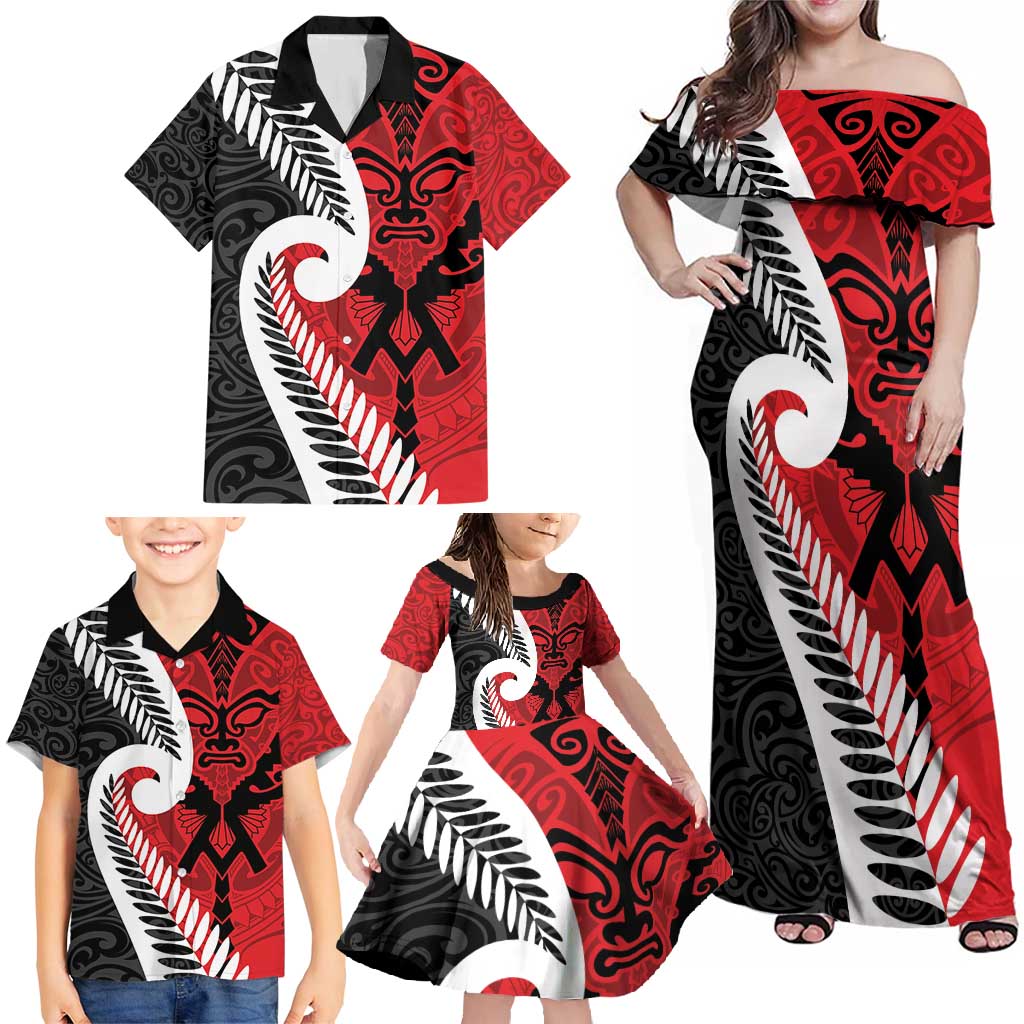 Silver Fern Koru Swirls with Maori Ta Moko Family Matching Off Shoulder Maxi Dress and Hawaiian Shirt LT9 - Polynesian Pride
