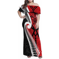 Silver Fern Koru Swirls with Maori Ta Moko Family Matching Off Shoulder Maxi Dress and Hawaiian Shirt LT9 Mom's Dress Red - Polynesian Pride