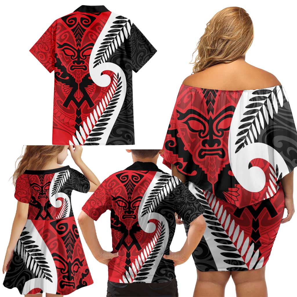 Silver Fern Koru Swirls with Maori Ta Moko Family Matching Off Shoulder Short Dress and Hawaiian Shirt LT9 - Polynesian Pride