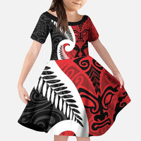 Silver Fern Koru Swirls with Maori Ta Moko Family Matching Puletasi and Hawaiian Shirt LT9 Daughter's Dress Red - Polynesian Pride