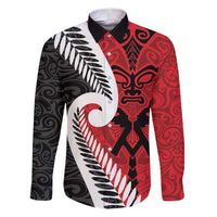 Silver Fern Koru Swirls with Maori Ta Moko Family Matching Puletasi and Hawaiian Shirt LT9 Dad's Shirt - Long Sleeve Red - Polynesian Pride