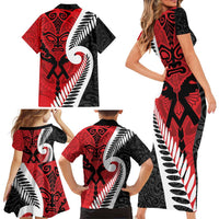 Silver Fern Koru Swirls with Maori Ta Moko Family Matching Short Sleeve Bodycon Dress and Hawaiian Shirt LT9 - Polynesian Pride