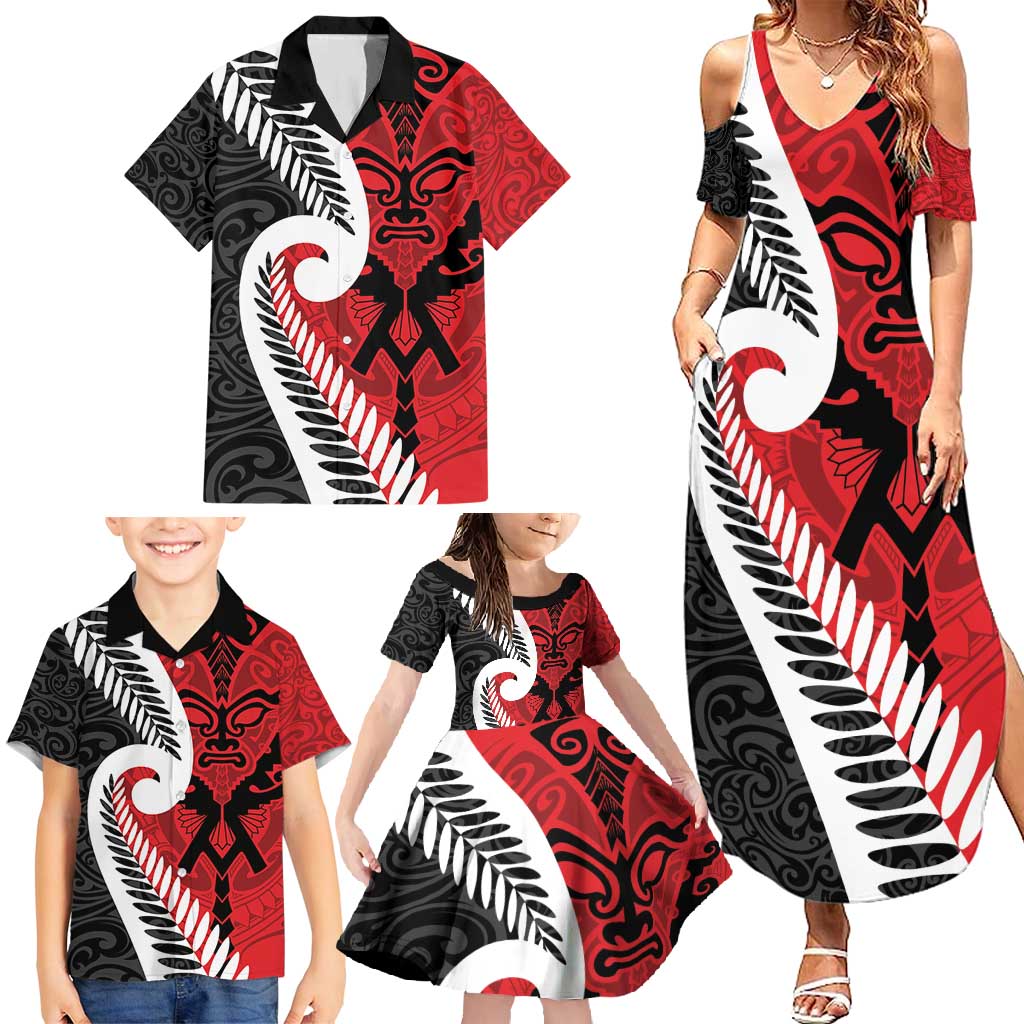 Silver Fern Koru Swirls with Maori Ta Moko Family Matching Summer Maxi Dress and Hawaiian Shirt LT9 - Polynesian Pride