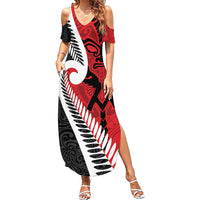 Silver Fern Koru Swirls with Maori Ta Moko Family Matching Summer Maxi Dress and Hawaiian Shirt LT9 Mom's Dress Red - Polynesian Pride