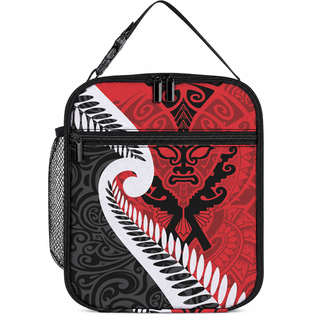 Silver Fern Koru Swirls with Maori Ta Moko Lunch Bag LT9 10.2 × 8.3 × 4.3 inch Red - Polynesian Pride