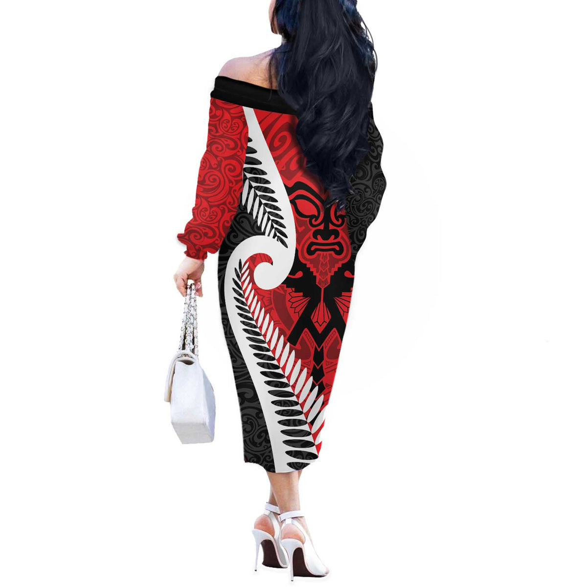 Silver Fern Koru Swirls with Maori Ta Moko Off The Shoulder Long Sleeve Dress LT9 - Polynesian Pride