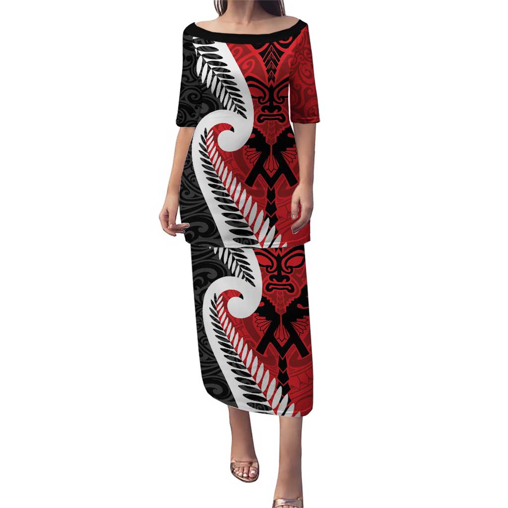 Silver Fern Koru Swirls with Maori Ta Moko Puletasi LT9 Long Dress Red - Polynesian Pride
