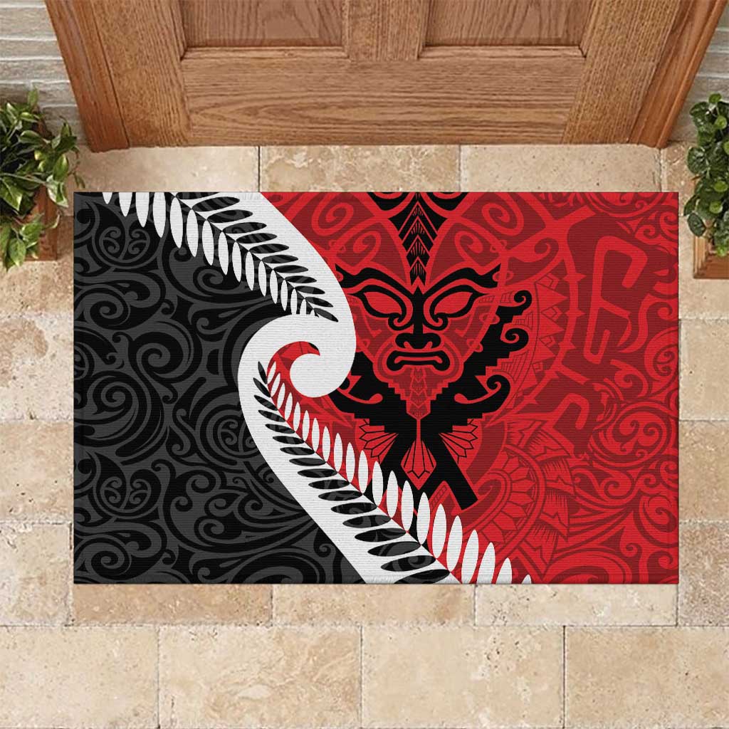 Silver Fern Koru Swirls with Maori Ta Moko Rubber Doormat LT9 Red - Polynesian Pride