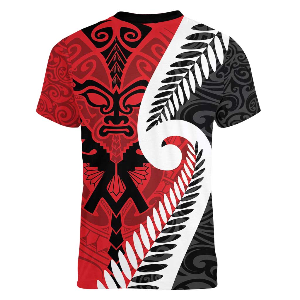 Silver Fern Koru Swirls with Maori Ta Moko Women V-Neck T-Shirt LT9 - Polynesian Pride