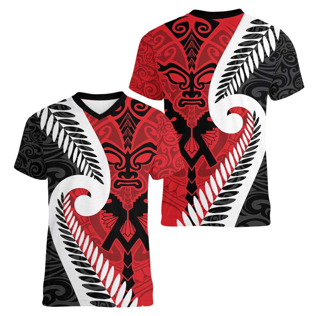 Silver Fern Koru Swirls with Maori Ta Moko Women V-Neck T-Shirt LT9 - Polynesian Pride