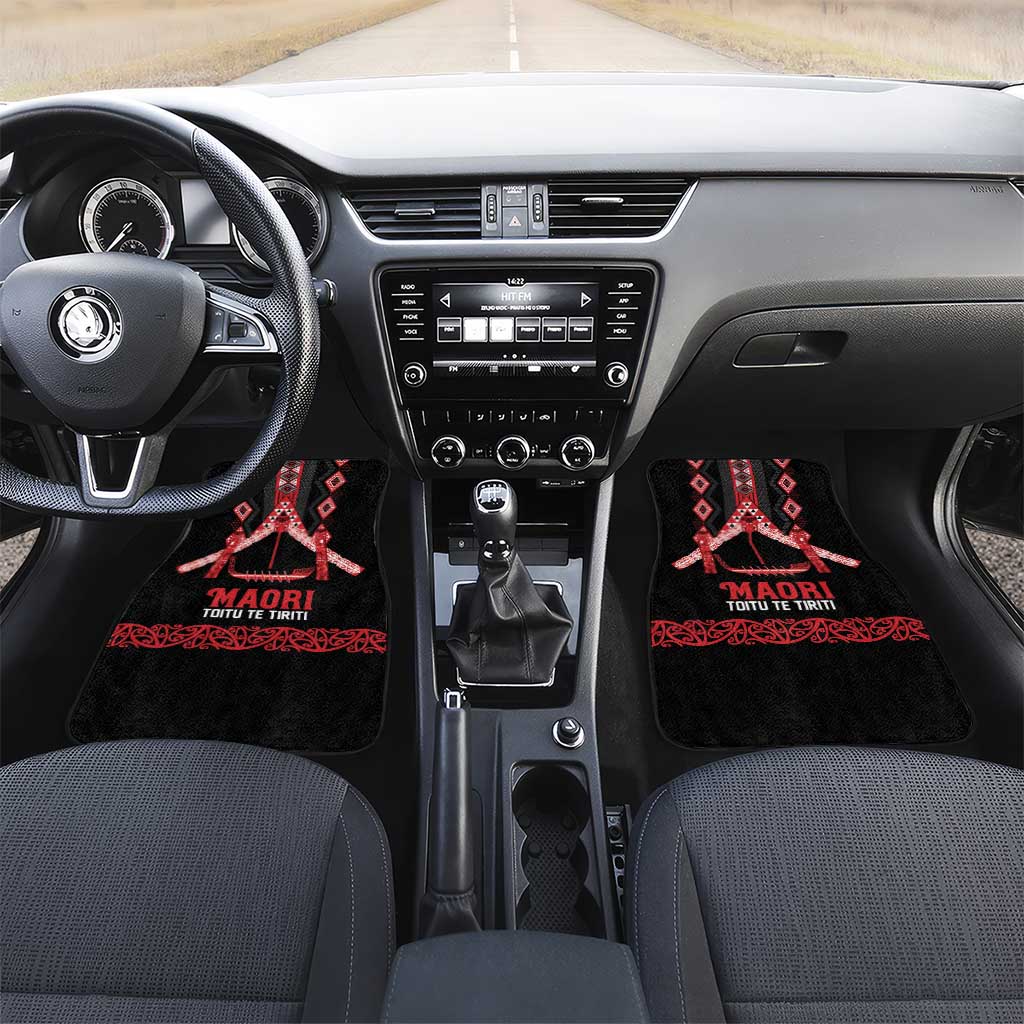 Toitu Te Tiriti Waitangi Car Mats Black Wharenui House LT9 Set 2pcs - Front Black - Polynesian Pride