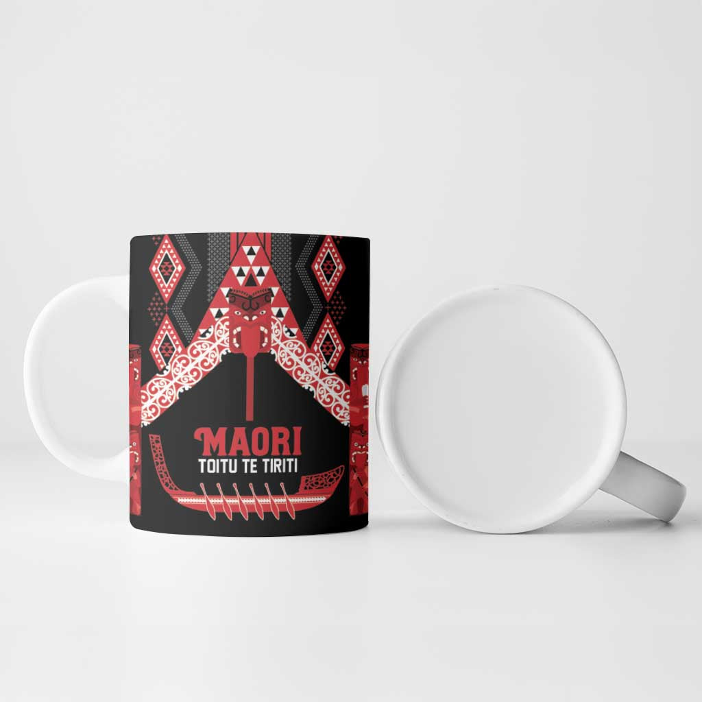 Toitu Te Tiriti Waitangi Ceramic Mug Black Wharenui House - Polynesian Pride