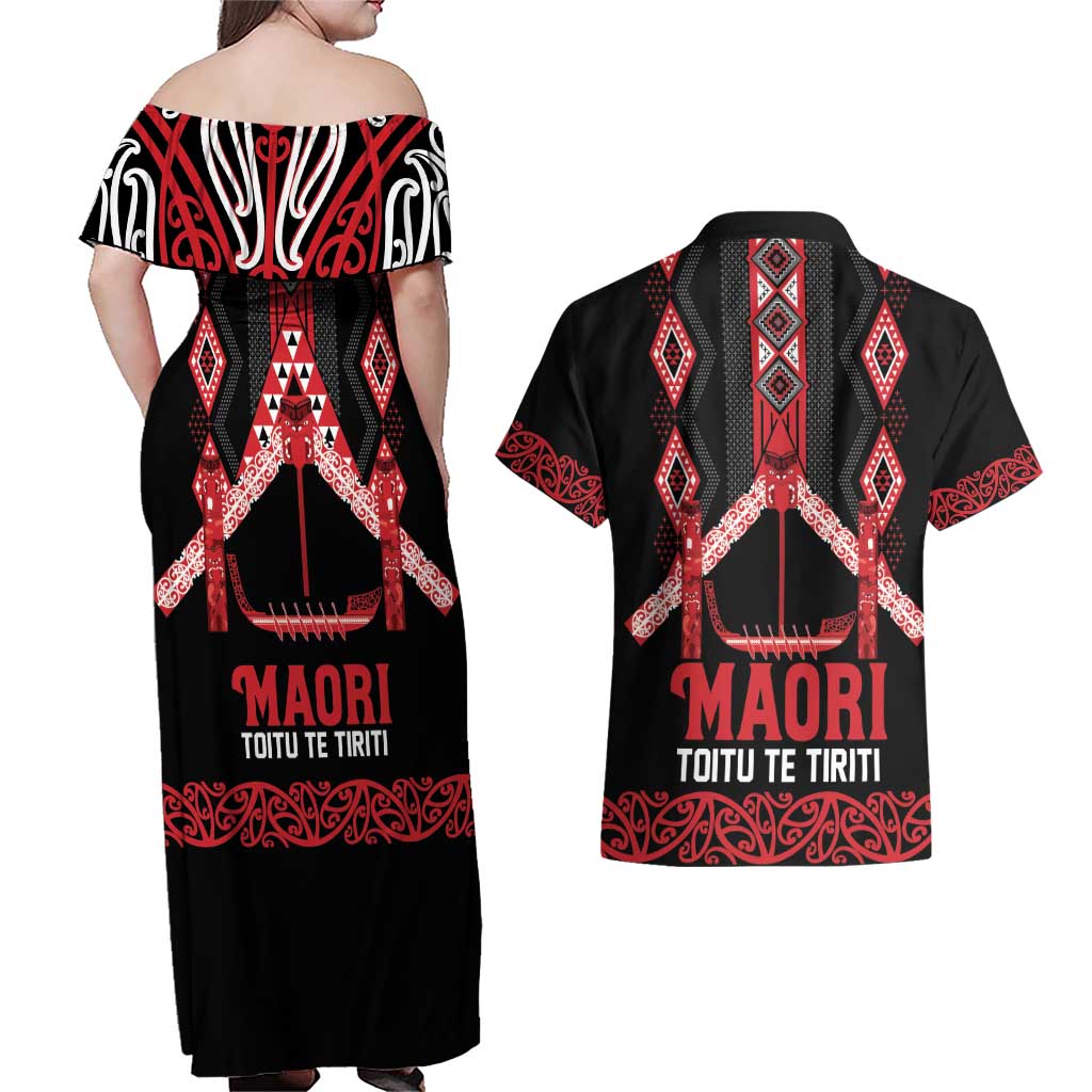 Toitu Te Tiriti Waitangi Couples Matching Off Shoulder Maxi Dress and Hawaiian Shirt Black Wharenui House LT9 - Polynesian Pride