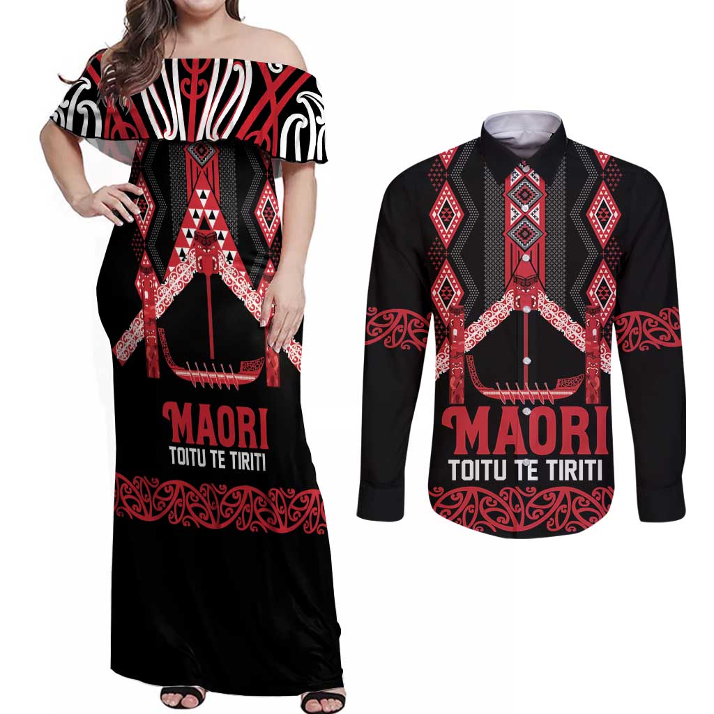 Toitu Te Tiriti Waitangi Couples Matching Off Shoulder Maxi Dress and Long Sleeve Button Shirt Black Wharenui House LT9 Black - Polynesian Pride