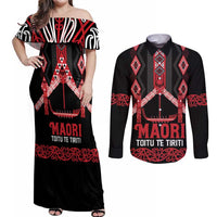 Toitu Te Tiriti Waitangi Couples Matching Off Shoulder Maxi Dress and Long Sleeve Button Shirt Black Wharenui House LT9 Black - Polynesian Pride