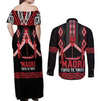 Toitu Te Tiriti Waitangi Couples Matching Off Shoulder Maxi Dress and Long Sleeve Button Shirt Black Wharenui House LT9 - Polynesian Pride