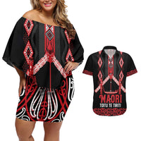 Toitu Te Tiriti Waitangi Couples Matching Off Shoulder Short Dress and Hawaiian Shirt Black Wharenui House LT9 Black - Polynesian Pride