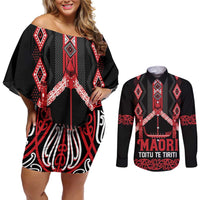 Toitu Te Tiriti Waitangi Couples Matching Off Shoulder Short Dress and Long Sleeve Button Shirt Black Wharenui House LT9 Black - Polynesian Pride