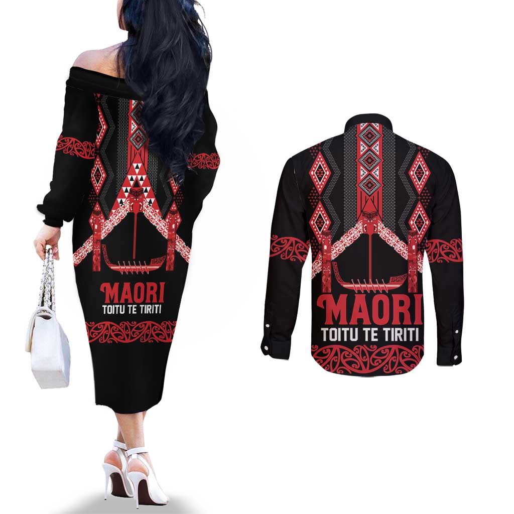 Toitu Te Tiriti Waitangi Couples Matching Off The Shoulder Long Sleeve Dress and Long Sleeve Button Shirt Black Wharenui House LT9 - Polynesian Pride