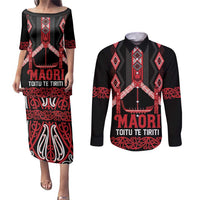 Toitu Te Tiriti Waitangi Couples Matching Puletasi and Long Sleeve Button Shirt Black Wharenui House LT9 Black - Polynesian Pride
