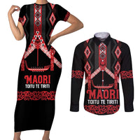 Toitu Te Tiriti Waitangi Couples Matching Short Sleeve Bodycon Dress and Long Sleeve Button Shirt Black Wharenui House LT9 Black - Polynesian Pride