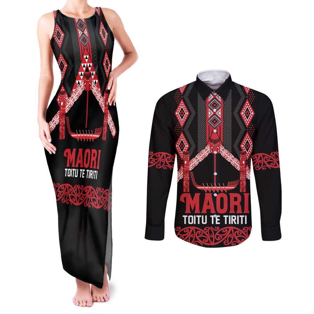 Toitu Te Tiriti Waitangi Couples Matching Tank Maxi Dress and Long Sleeve Button Shirt Black Wharenui House LT9 Black - Polynesian Pride