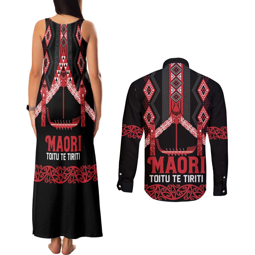 Toitu Te Tiriti Waitangi Couples Matching Tank Maxi Dress and Long Sleeve Button Shirt Black Wharenui House LT9 - Polynesian Pride