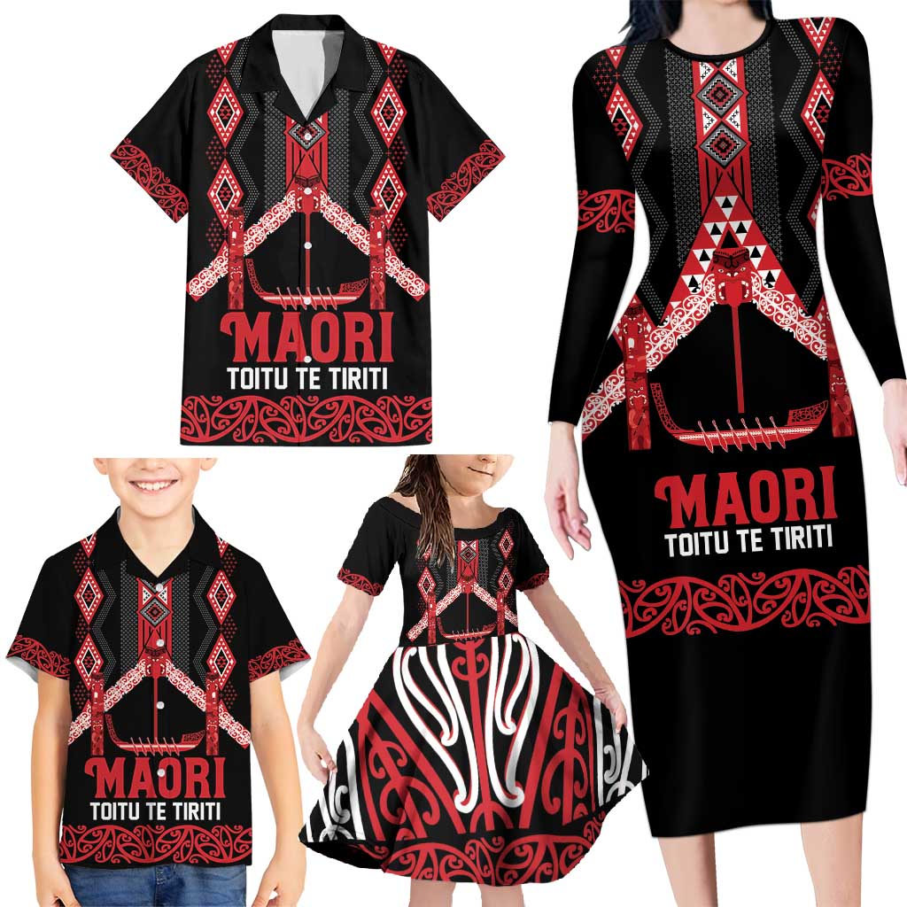 Toitu Te Tiriti Waitangi Family Matching Long Sleeve Bodycon Dress and Hawaiian Shirt Black Wharenui House LT9 - Polynesian Pride