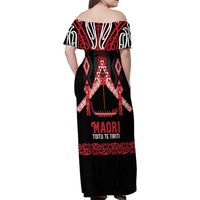 Toitu Te Tiriti Waitangi Family Matching Off Shoulder Maxi Dress and Hawaiian Shirt Black Wharenui House LT9 - Polynesian Pride